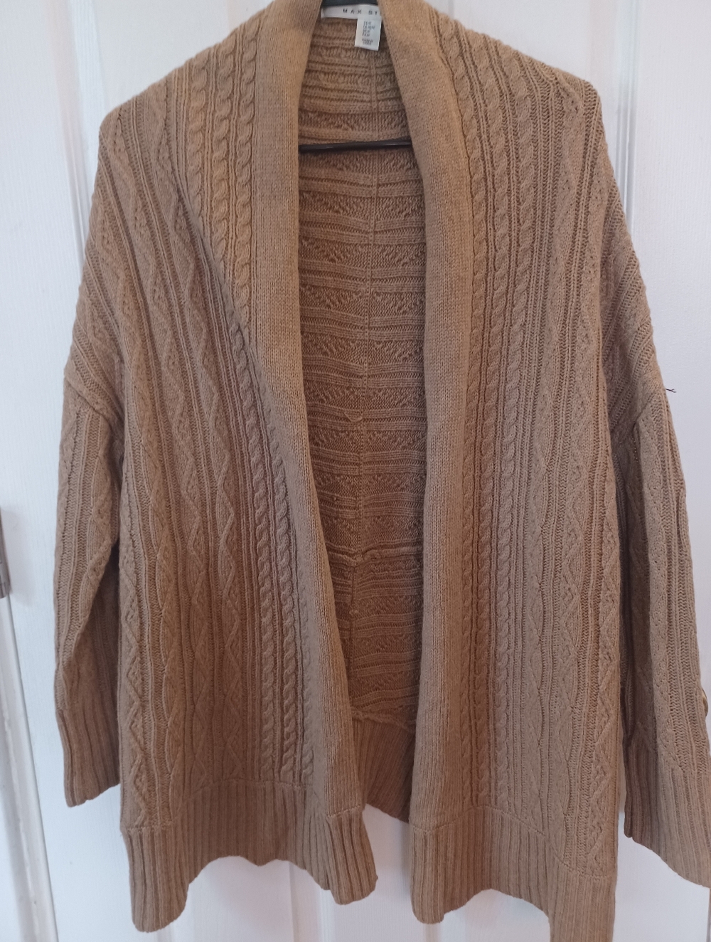 Max Studio Tan Cable Knit Open Front Shawl Collar Cardigan